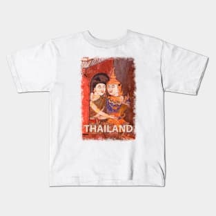 Antique Thai colorful temple mural of a young couple embracing in traditional period ceremonial clothing Kids T-Shirt